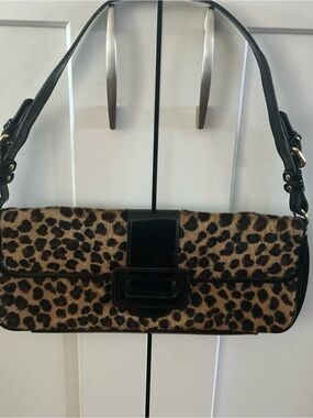 Modern design purse CACHE black patent leather leopard print clutch bag